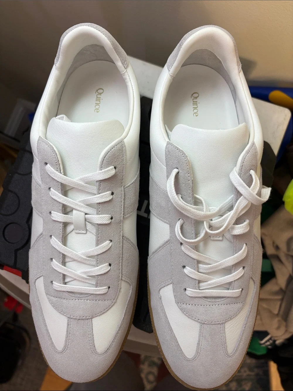 Quince White and Light Gray Suede Leather Sneakers